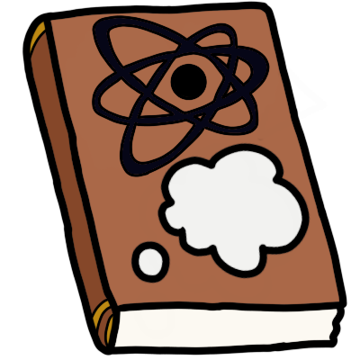 a book with a brown cover. on the front cover is a black simple diagram of an atom, with a thought bubble below it.